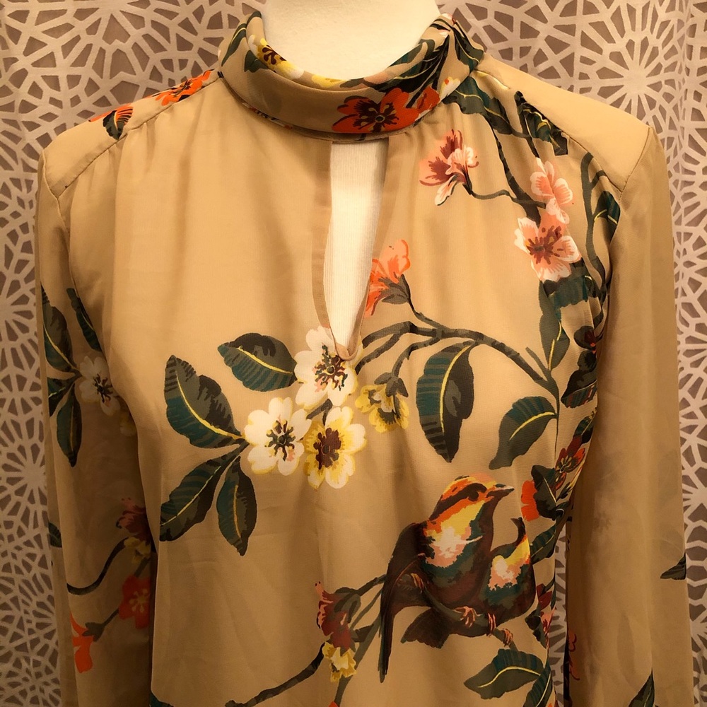 New York & Company Floral Bird Print Sheer Top - Picture 2 of 7